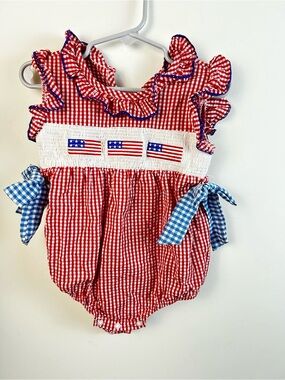 Baby Girl Red Gingham Smocked One-Piece with Blue Bows